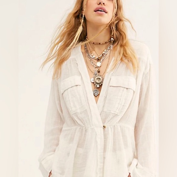 FREE PEOPLE SAFARI SHEER WRAP TOP - V-Neck Pocket Blouse - Picture 1 of 4